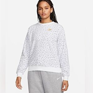 Nike Crew Neck Fleece Sweatshirt Leopard Print White Gray Comfy Cozy Size Large